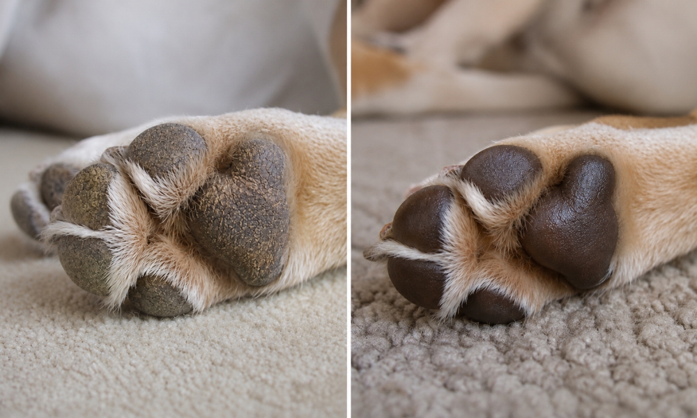 Dry and nourished dog paw comparison after using REDANT balm