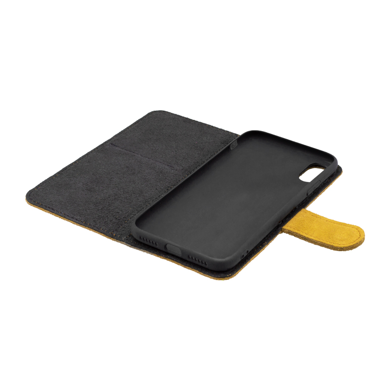 Knižkové puzdro na telefón z brúsenej kože žlté iPhone 15 Plus